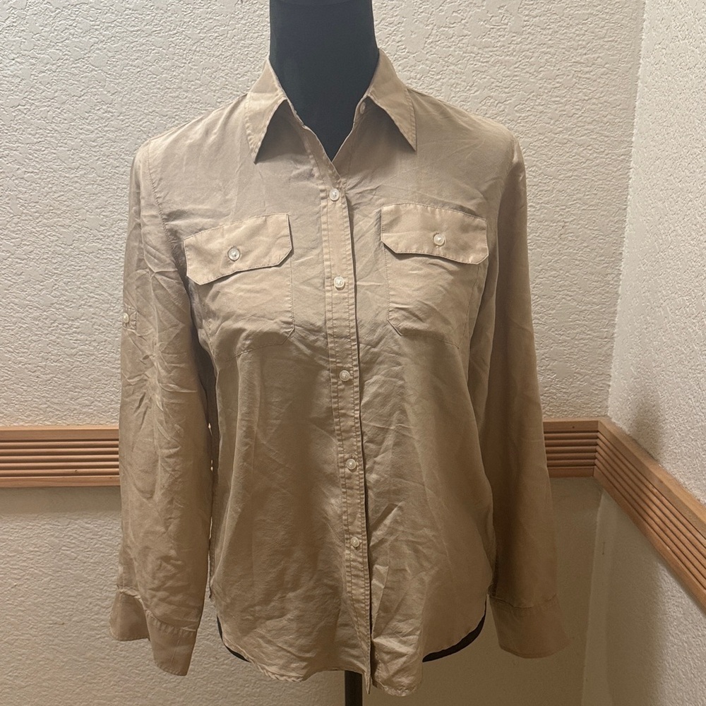 Ralph Lauren Petite 4P Tan button Blouse 100% silk